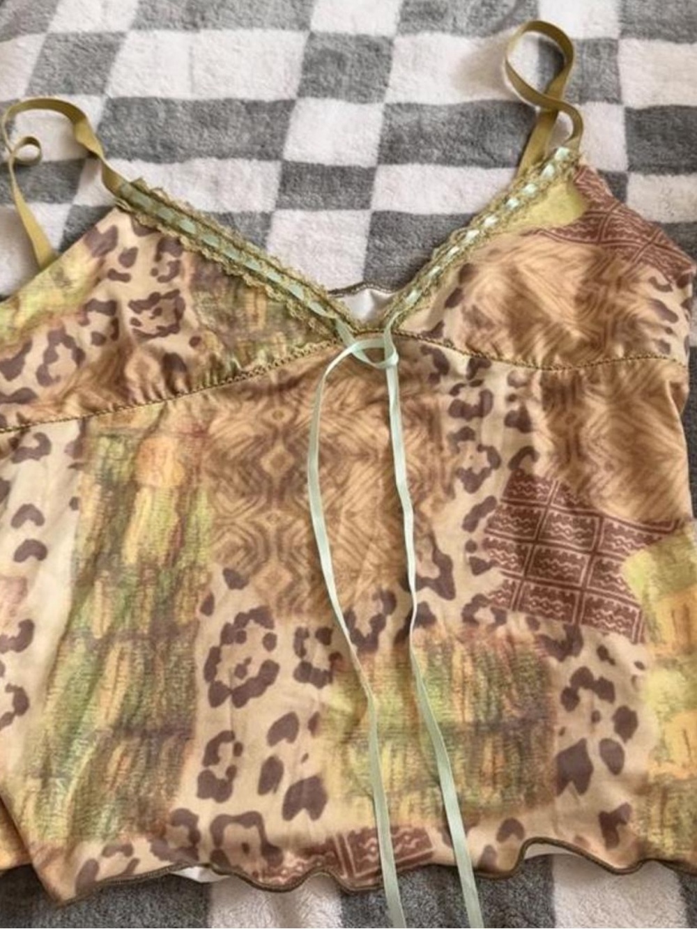 Source Unknown Beige and Olive Animal-Print Satin Camisole with Lace Trim